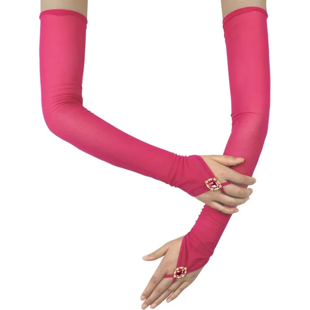 Women's Baby Pink Long Fabric Finger Loop Gloves Bridal Wedding Party Costume - Picture 2 of 6